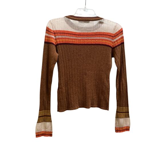 Zara Brown Sparkly Striped Ribbed Knit Long Sleeve Crewneck Sweater Size Medium - Picture 2 of 8